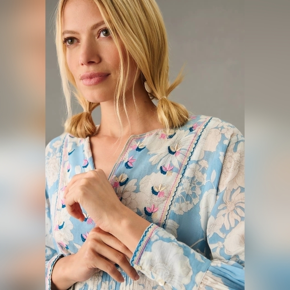 Anik Batik Anthropologie Peony Embroidered Floral Maxi Dress in S - Picture 2 of 11